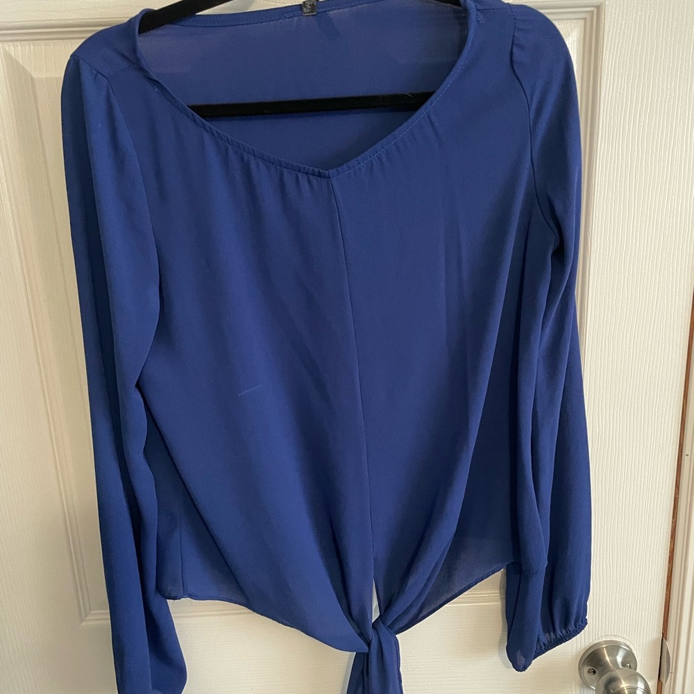 Ariella Blue Tie Front Long Sleeve Blouse